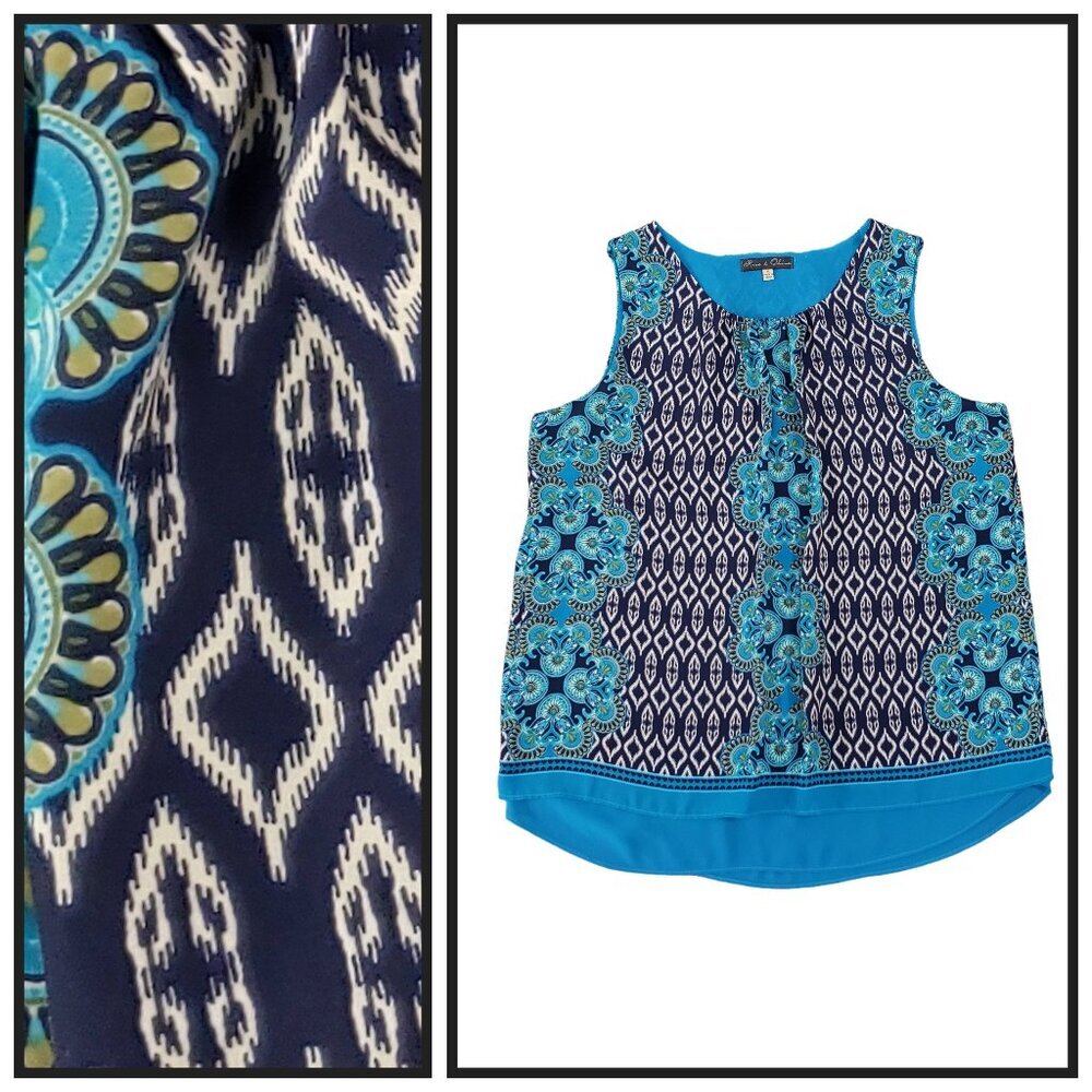 Rose & Olive XL Blue Boho Sleeveless Blouse Geometric Print